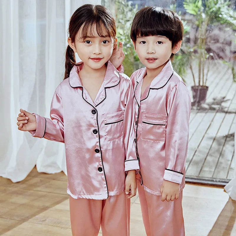 Set de pijamale din satin de mătase pentru copii, pijama pentru copii, pijama de culoare solidă, costum pentru băieți, fete, set de somn pentru toamnă pentru copii