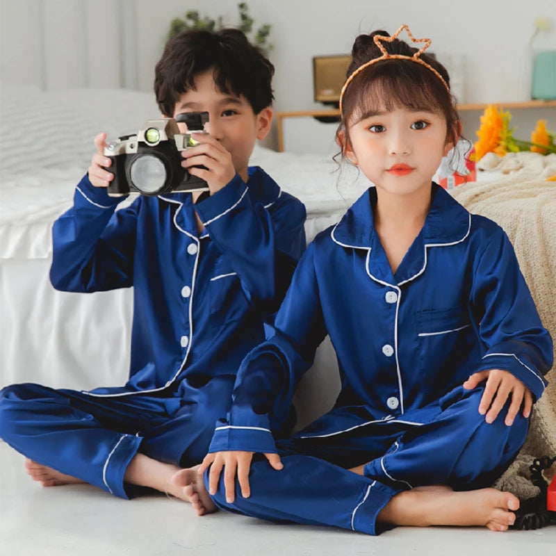 Set de pijamale din satin de mătase pentru copii, pijama pentru copii, pijama de culoare solidă, costum pentru băieți, fete, set de somn pentru toamnă pentru copii