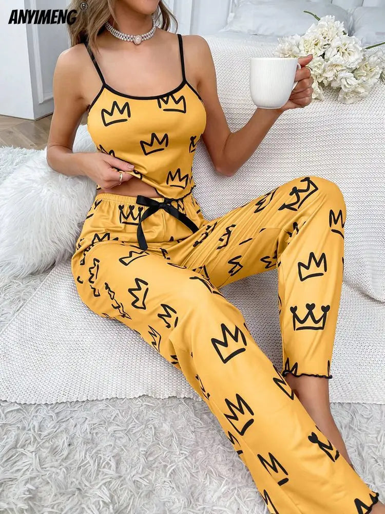 Pijamale din mătase moale, lapte, ocazional, pentru femeie, sexy, cu imprimare de coroană, pentru femei, pijama cu picioare largi, set de pijamale la modă pentru fete