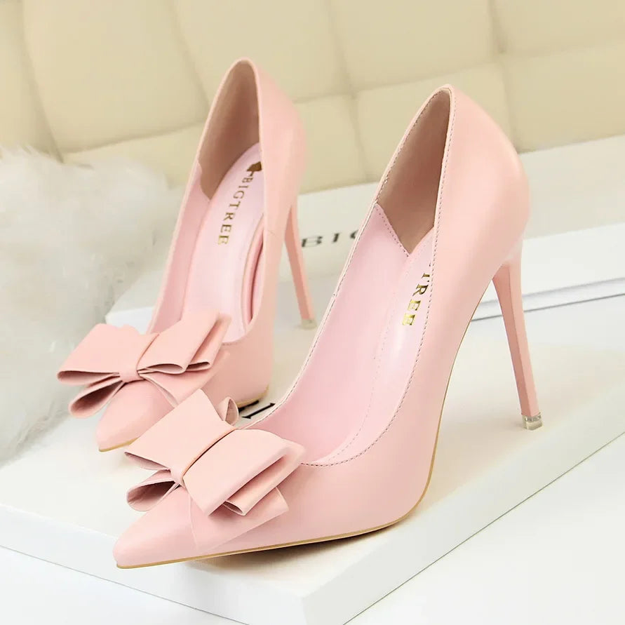 Women Fetish 10.5cm High Heels Blue Pink Pumps Butterfly Knot Leather Stiletto Heels Lady Escarpins Wedding Evening Party Shoes