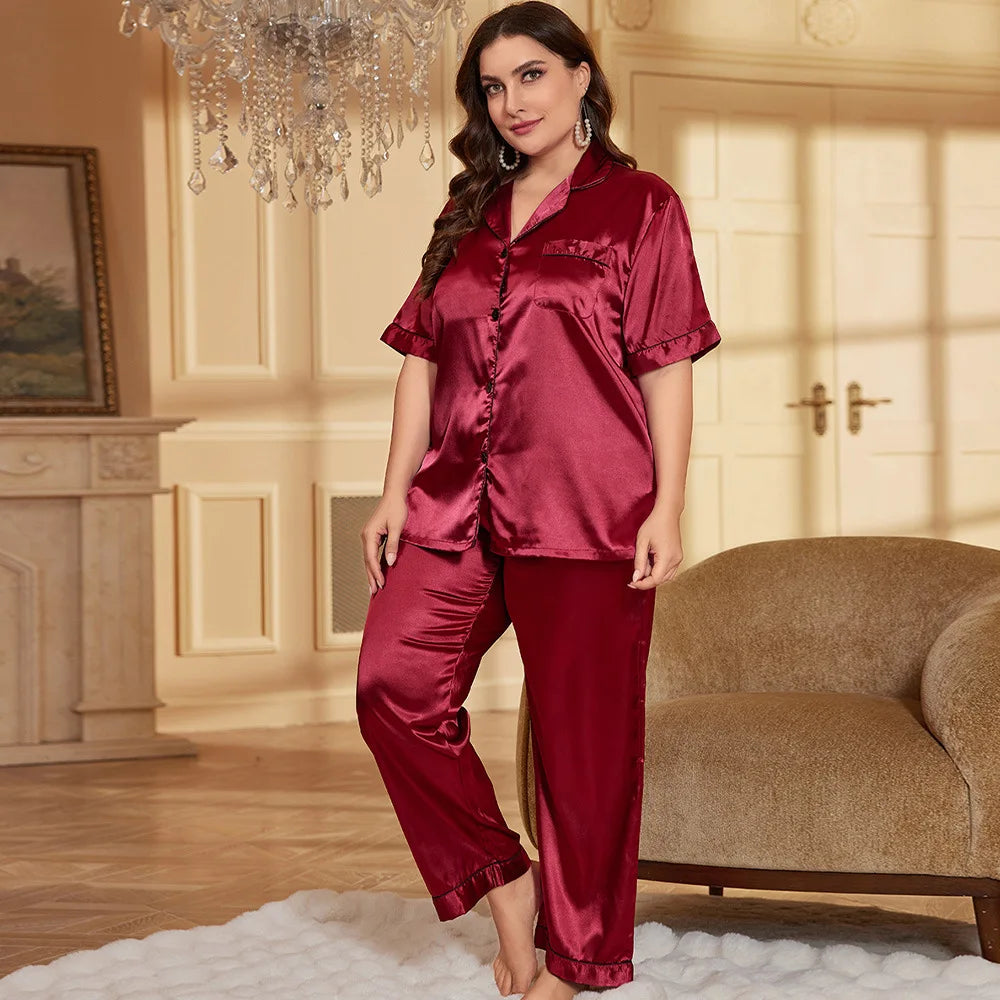Set pijamale pentru femeie de marime mari, primavara vara, satin de matase, pijama, pantaloni, costum, lejer, 2 buc. cămașă și pantaloni, îmbrăcăminte pentru acasă