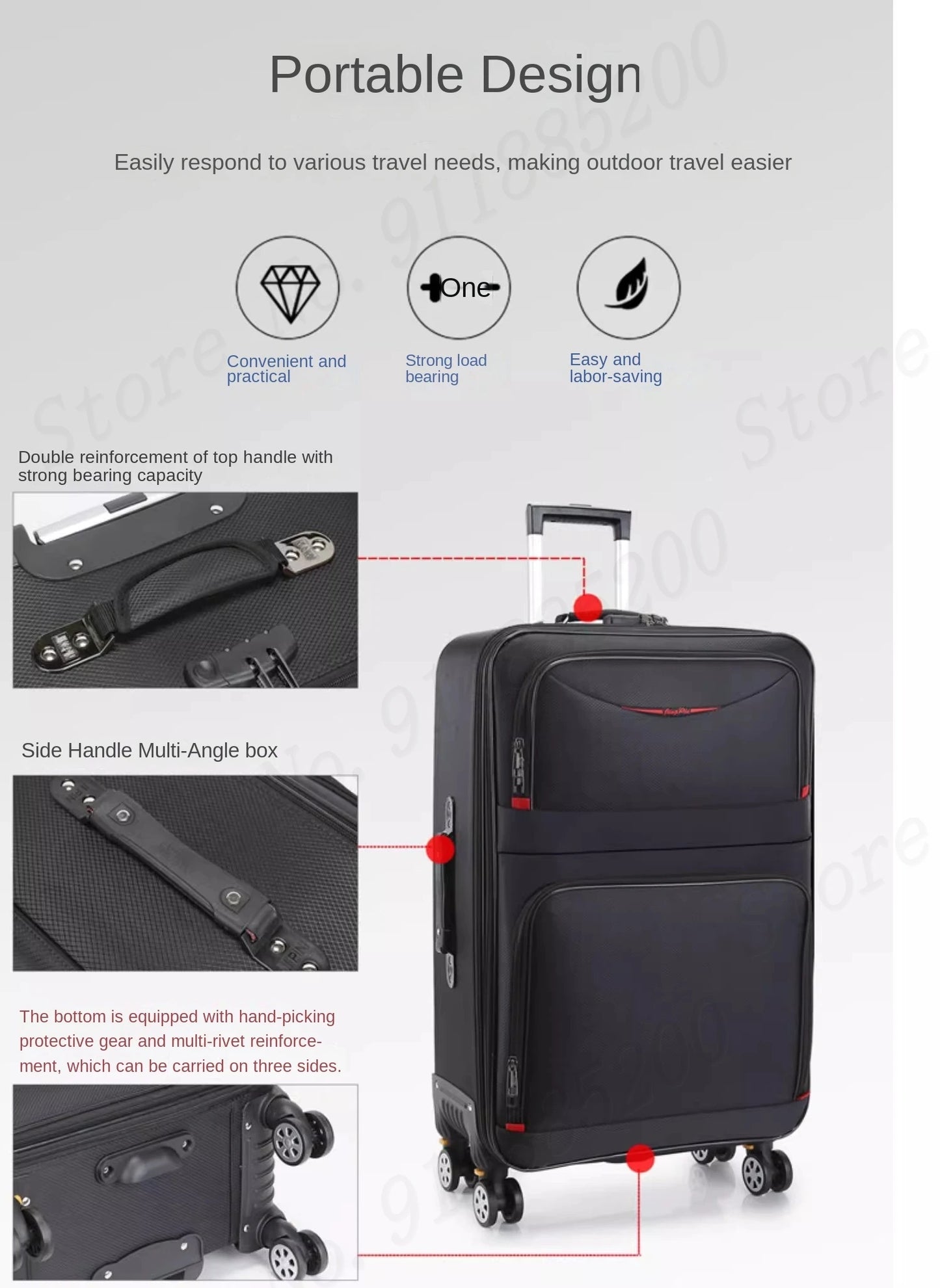 Set de troler de mare capacitate, carucior pentru studenti, rezistent la apa, roata detasabila, stofa Oxford, valiza de cabina cu blocare cu combinatie