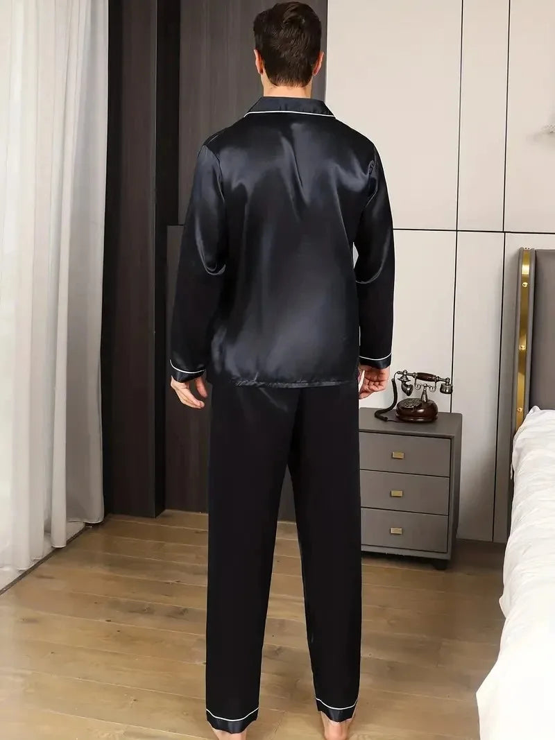 Set de pijamale pentru bărbați, din satin de mătase, cămașă cu mânecă lungă, pijama pentru bărbați, costum moale, pentru acasă, mărime mare, pentru dormit
