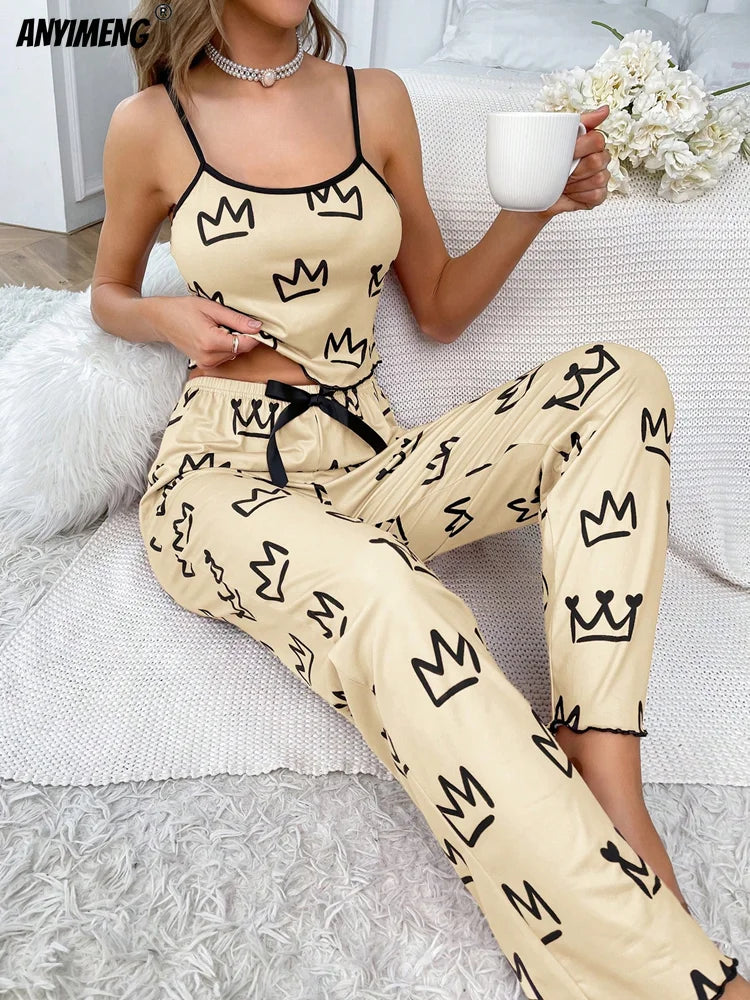 Pijamale din mătase moale, lapte, ocazional, pentru femeie, sexy, cu imprimare de coroană, pentru femei, pijama cu picioare largi, set de pijamale la modă pentru fete