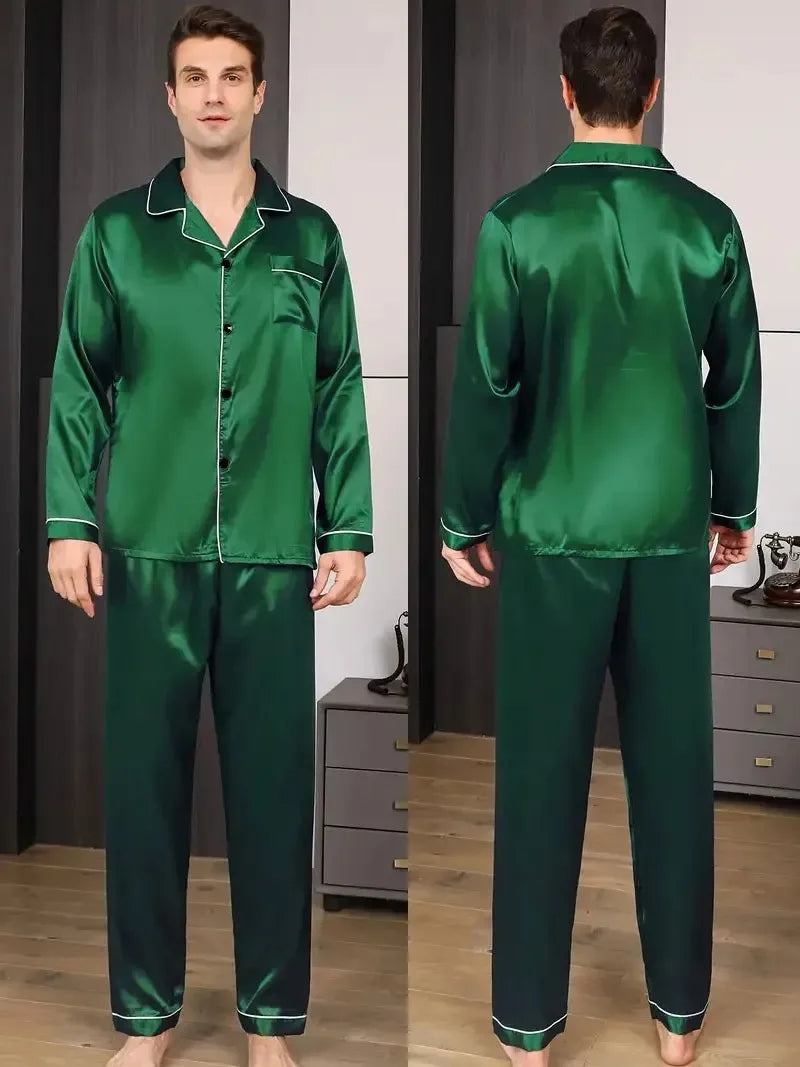 Set de pijamale pentru bărbați, din satin de mătase, cămașă cu mânecă lungă, pijama pentru bărbați, costum moale, pentru acasă, mărime mare, pentru dormit