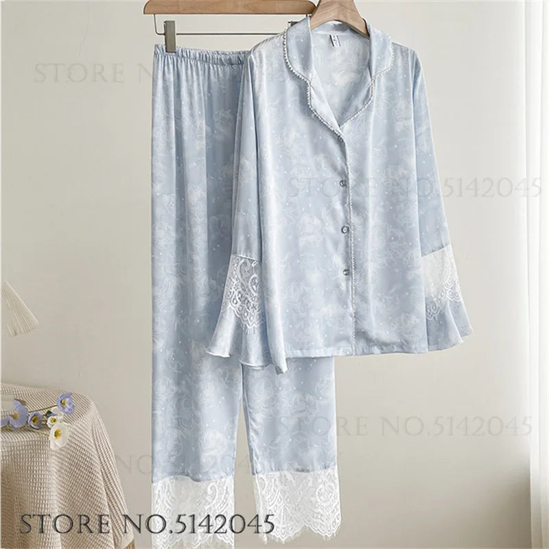 Pijamale de lux din satin de mătase pentru femei Set de 2 bucăți Set de dantelă de mărgele de modă Îmbrăcăminte pentru acasă Costume de pantaloni de primăvară Nouă îmbrăcăminte de salon liber