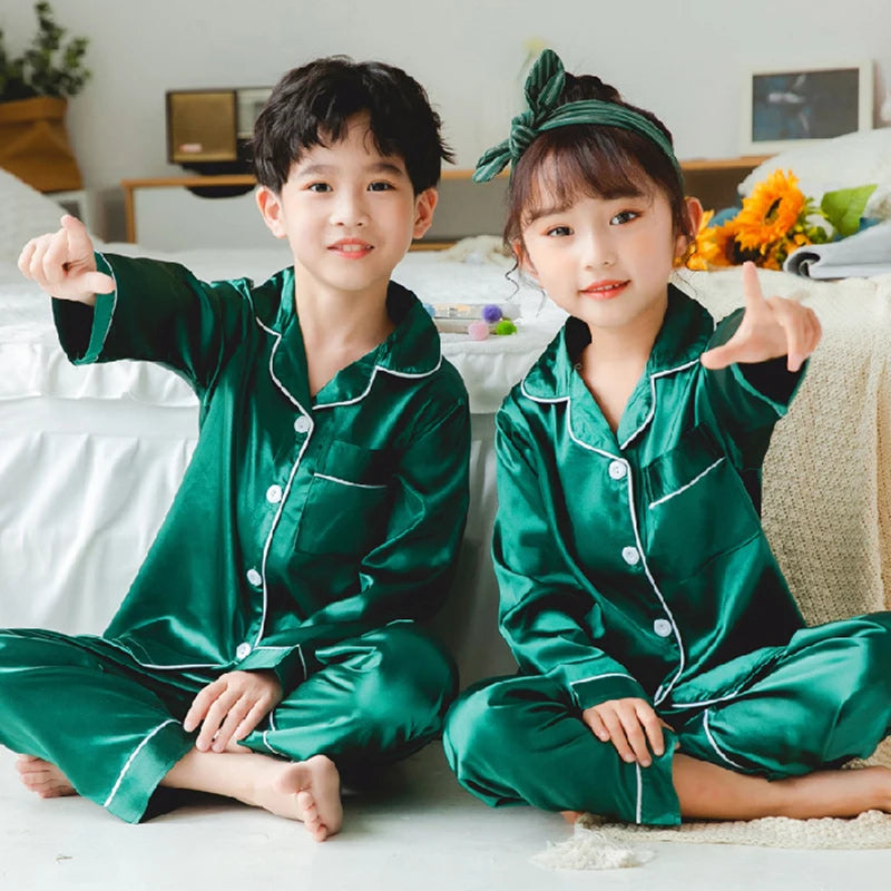 Set de pijamale din satin de mătase pentru copii, pijama pentru copii, pijama de culoare solidă, costum pentru băieți, fete, set de somn pentru toamnă pentru copii