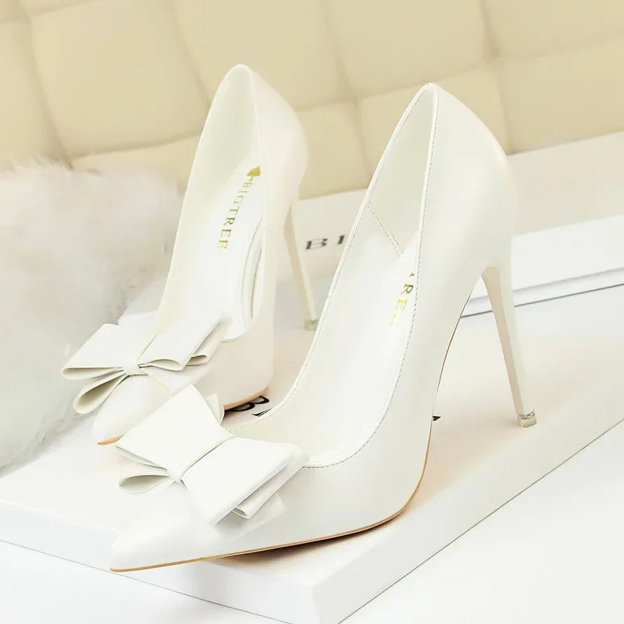 Women Fetish 10.5cm High Heels Blue Pink Pumps Butterfly Knot Leather Stiletto Heels Lady Escarpins Wedding Evening Party Shoes