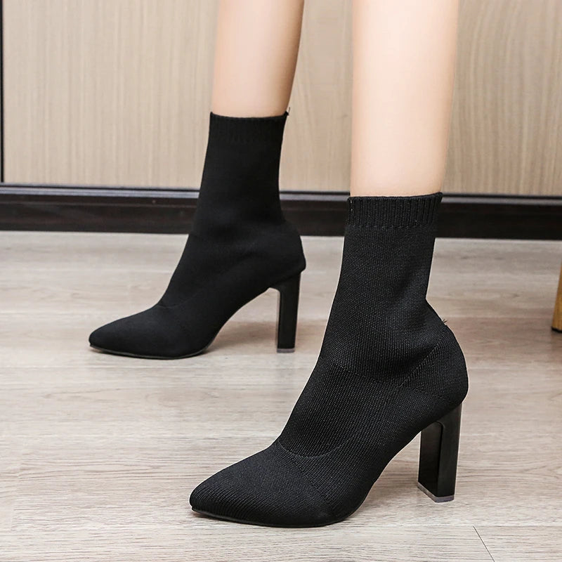Women Boots Elastic High Heels Boots Breathable Thin Heels Botas Mujer Slip on Ankle Boots Elegant Woman Heeled Shoes D214
