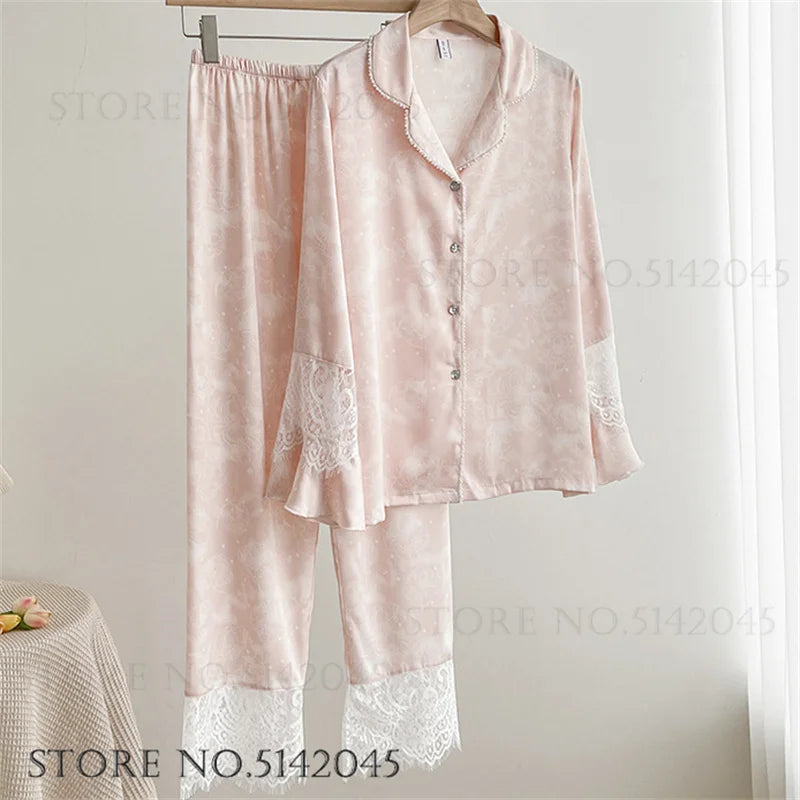 Pijamale de lux din satin de mătase pentru femei Set de 2 bucăți Set de dantelă de mărgele de modă Îmbrăcăminte pentru acasă Costume de pantaloni de primăvară Nouă îmbrăcăminte de salon liber
