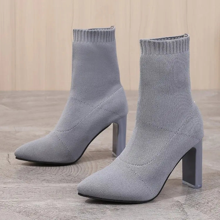 Women Boots Elastic High Heels Boots Breathable Thin Heels Botas Mujer Slip on Ankle Boots Elegant Woman Heeled Shoes D214