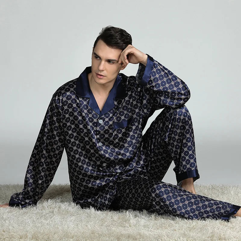 Pijamale bărbați 2 buc. Set de lenjerie de dormit primăvară toamnă pantaloni cu mâneci lungi costum pijama largi imprimeu satin de mătase îmbrăcăminte de lounge