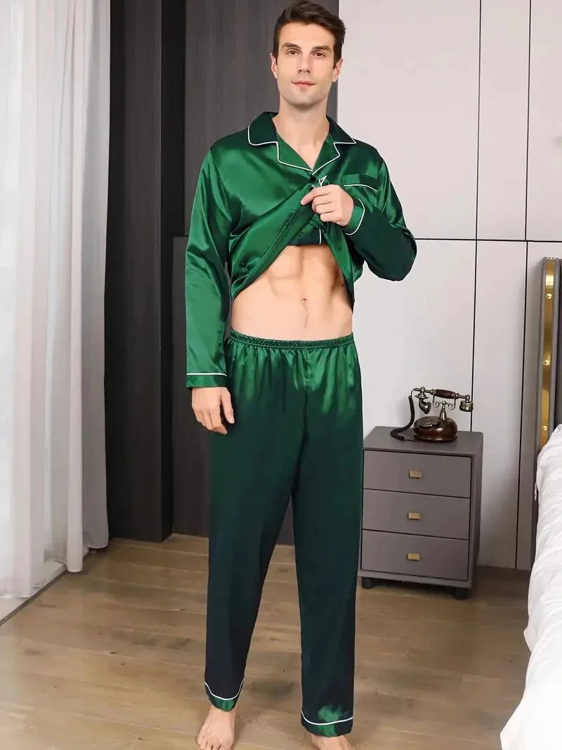 Set de pijamale pentru bărbați, din satin de mătase, cămașă cu mânecă lungă, pijama pentru bărbați, costum moale, pentru acasă, mărime mare, pentru dormit