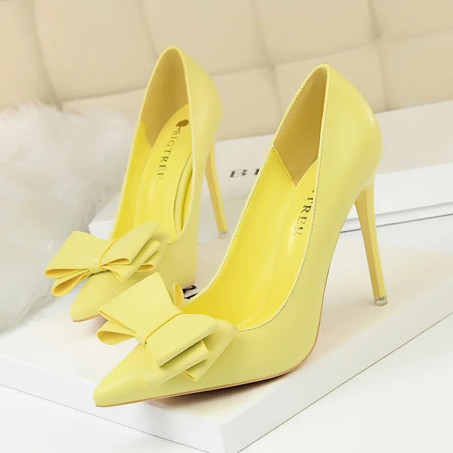 Women Fetish 10.5cm High Heels Blue Pink Pumps Butterfly Knot Leather Stiletto Heels Lady Escarpins Wedding Evening Party Shoes