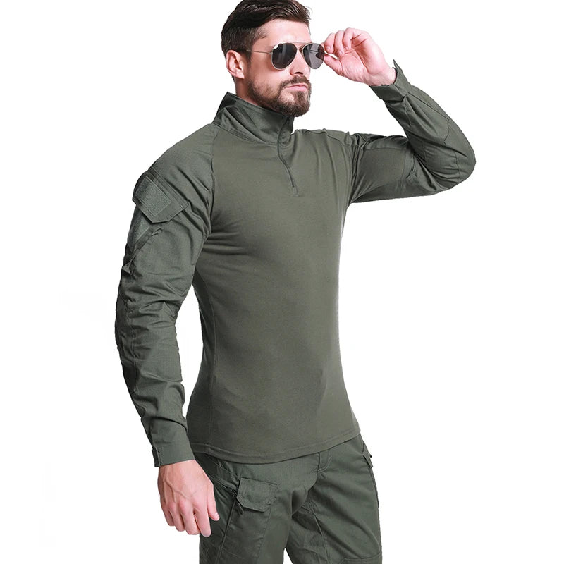Cămașă de luptă cu mânecă lungă pentru bărbați, cu fermoar 1/4, din bumbac Ripstop, cămăși tactice, albastru marin Camouflage, Airsoft