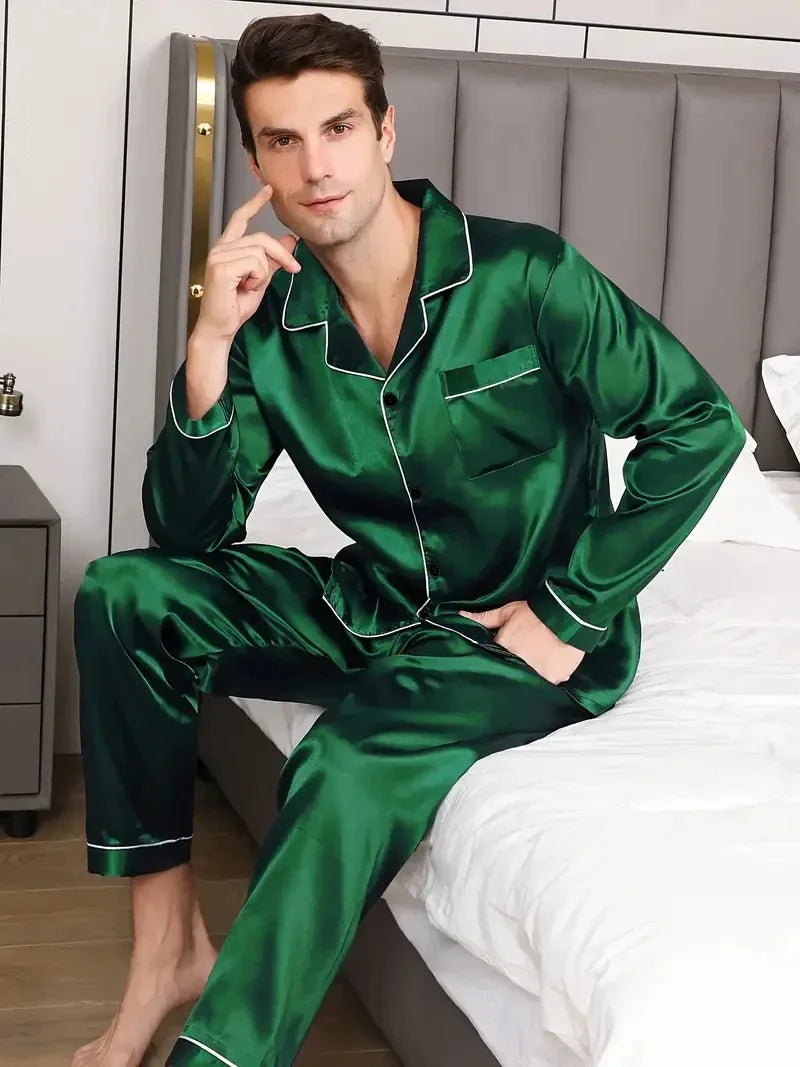 Set de pijamale pentru bărbați, din satin de mătase, cămașă cu mânecă lungă, pijama pentru bărbați, costum moale, pentru acasă, mărime mare, pentru dormit