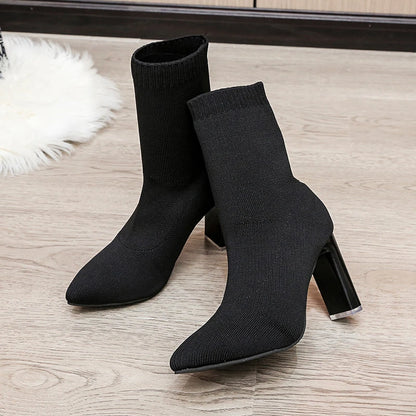 Women Boots Elastic High Heels Boots Breathable Thin Heels Botas Mujer Slip on Ankle Boots Elegant Woman Heeled Shoes D214