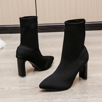 Women Boots Elastic High Heels Boots Breathable Thin Heels Botas Mujer Slip on Ankle Boots Elegant Woman Heeled Shoes D214