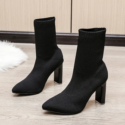 Women Boots Elastic High Heels Boots Breathable Thin Heels Botas Mujer Slip on Ankle Boots Elegant Woman Heeled Shoes D214