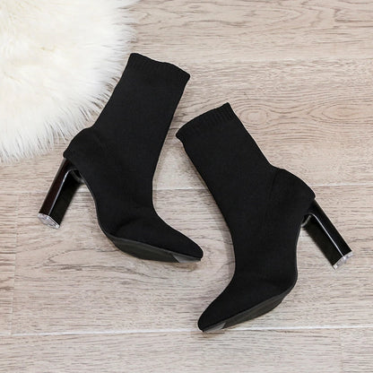 Women Boots Elastic High Heels Boots Breathable Thin Heels Botas Mujer Slip on Ankle Boots Elegant Woman Heeled Shoes D214