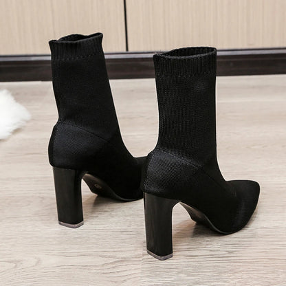 Women Boots Elastic High Heels Boots Breathable Thin Heels Botas Mujer Slip on Ankle Boots Elegant Woman Heeled Shoes D214