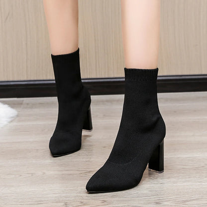 Women Boots Elastic High Heels Boots Breathable Thin Heels Botas Mujer Slip on Ankle Boots Elegant Woman Heeled Shoes D214