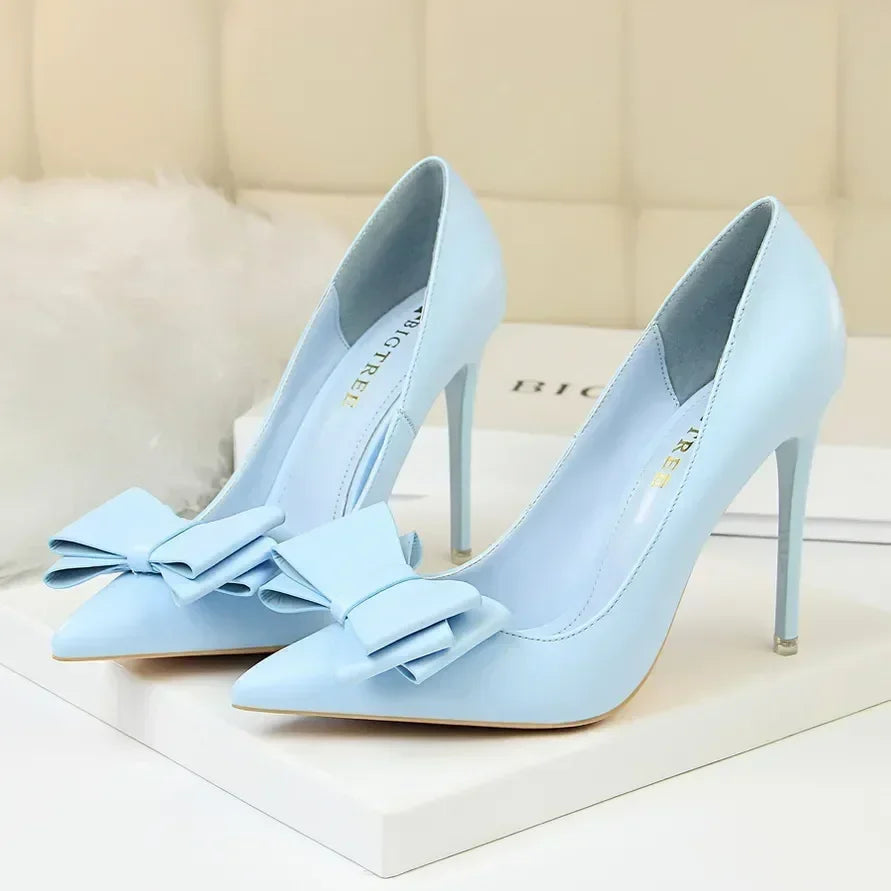 Women Fetish 10.5cm High Heels Blue Pink Pumps Butterfly Knot Leather Stiletto Heels Lady Escarpins Wedding Evening Party Shoes