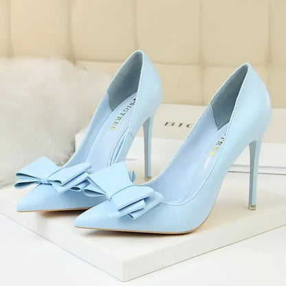 Women Fetish 10.5cm High Heels Blue Pink Pumps Butterfly Knot Leather Stiletto Heels Lady Escarpins Wedding Evening Party Shoes