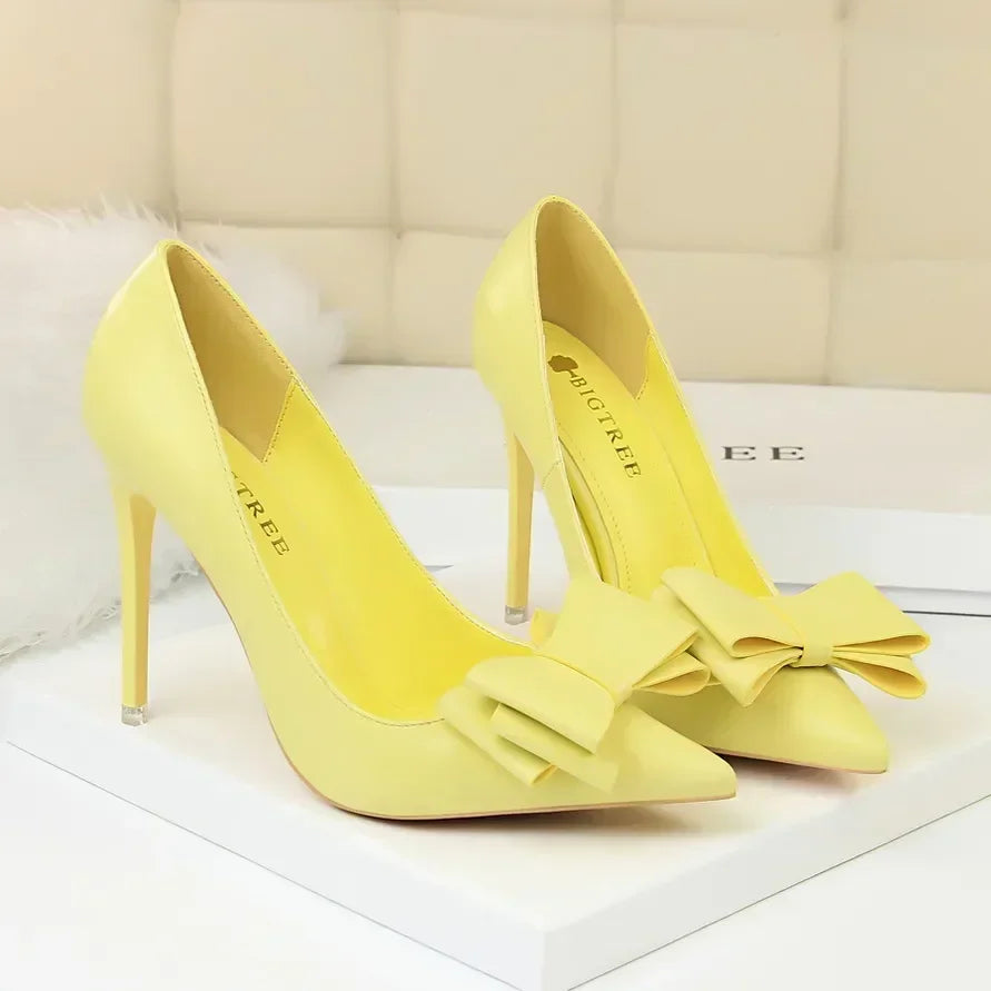 Women Fetish 10.5cm High Heels Blue Pink Pumps Butterfly Knot Leather Stiletto Heels Lady Escarpins Wedding Evening Party Shoes