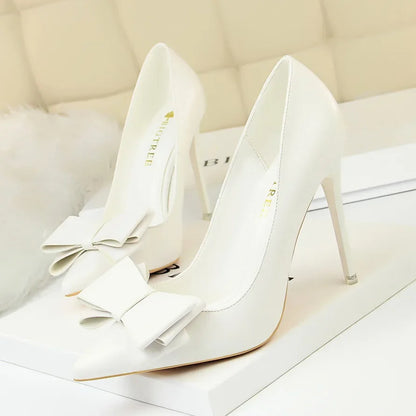Women Fetish 10.5cm High Heels Blue Pink Pumps Butterfly Knot Leather Stiletto Heels Lady Escarpins Wedding Evening Party Shoes